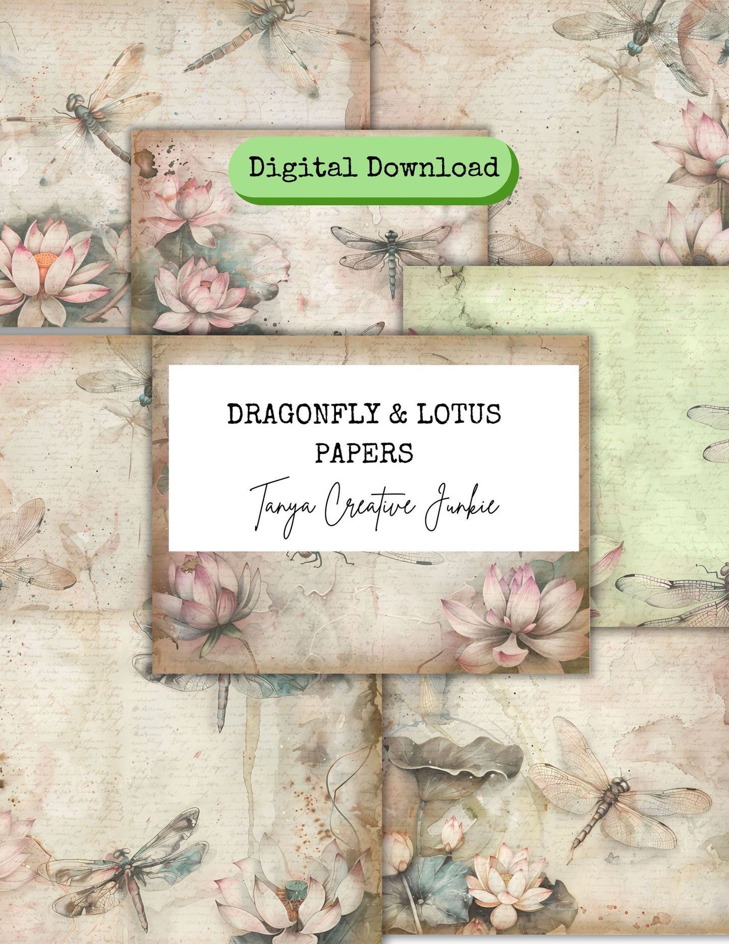 Dragonfly and Lotus Papers, junk journaling, eBook, printable download. Discover digital collage eBooks, DIY courses, and printable art kits to spark your creativity. Perfect for artists, crafters, and anyone who loves unique digital printable downloads for journaling or collage.