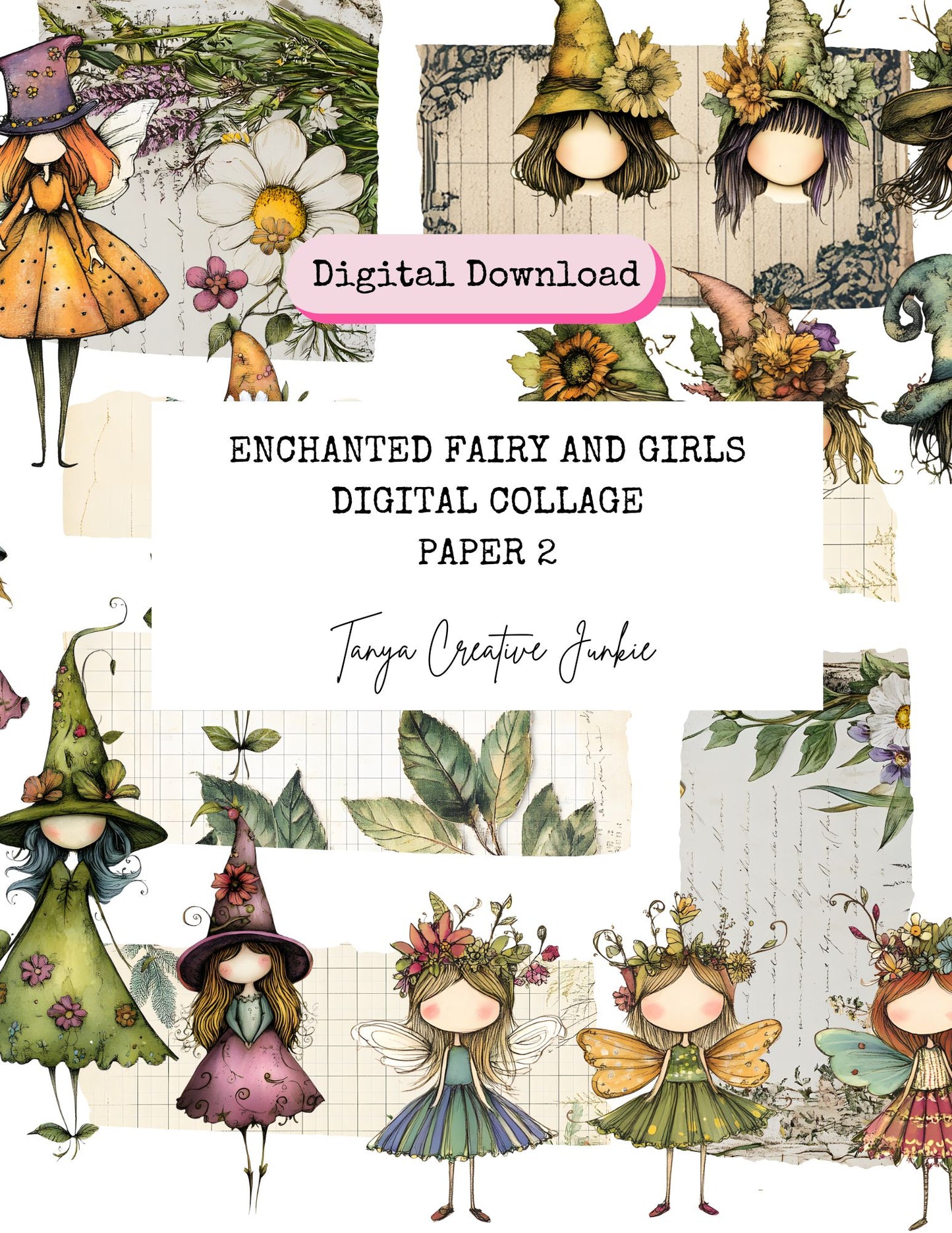 Unlock your imagination with this enchanting 10-page printable collage set featuring beautifully illustrated fairy girls and whimsical characters — each one drawn without eyes or mouths, inviting you to complete the story. These faceless fairy girls are your canvas for emotion, expression, and creativity.
Paired with dreamy background papers and layered ripped textures, this set is perfect for building heartfelt art journal pages, junk journal spreads, or magical mixed media projects.