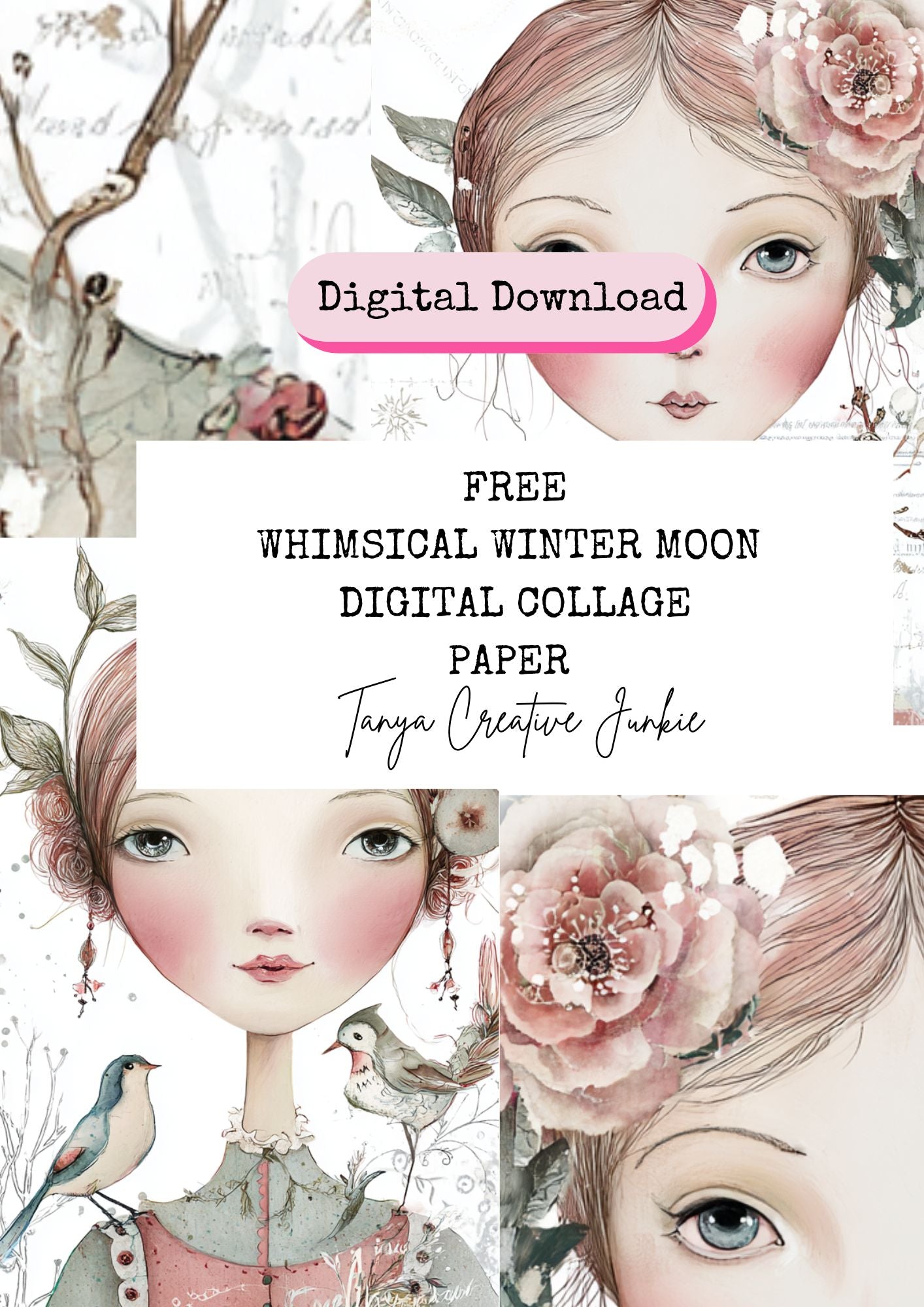 Step into a magical winter wonderland with this beautifully illustrated Whimsical Winter Moon Collage — a delicate blend of vintage charm and fairytale whimsy.
