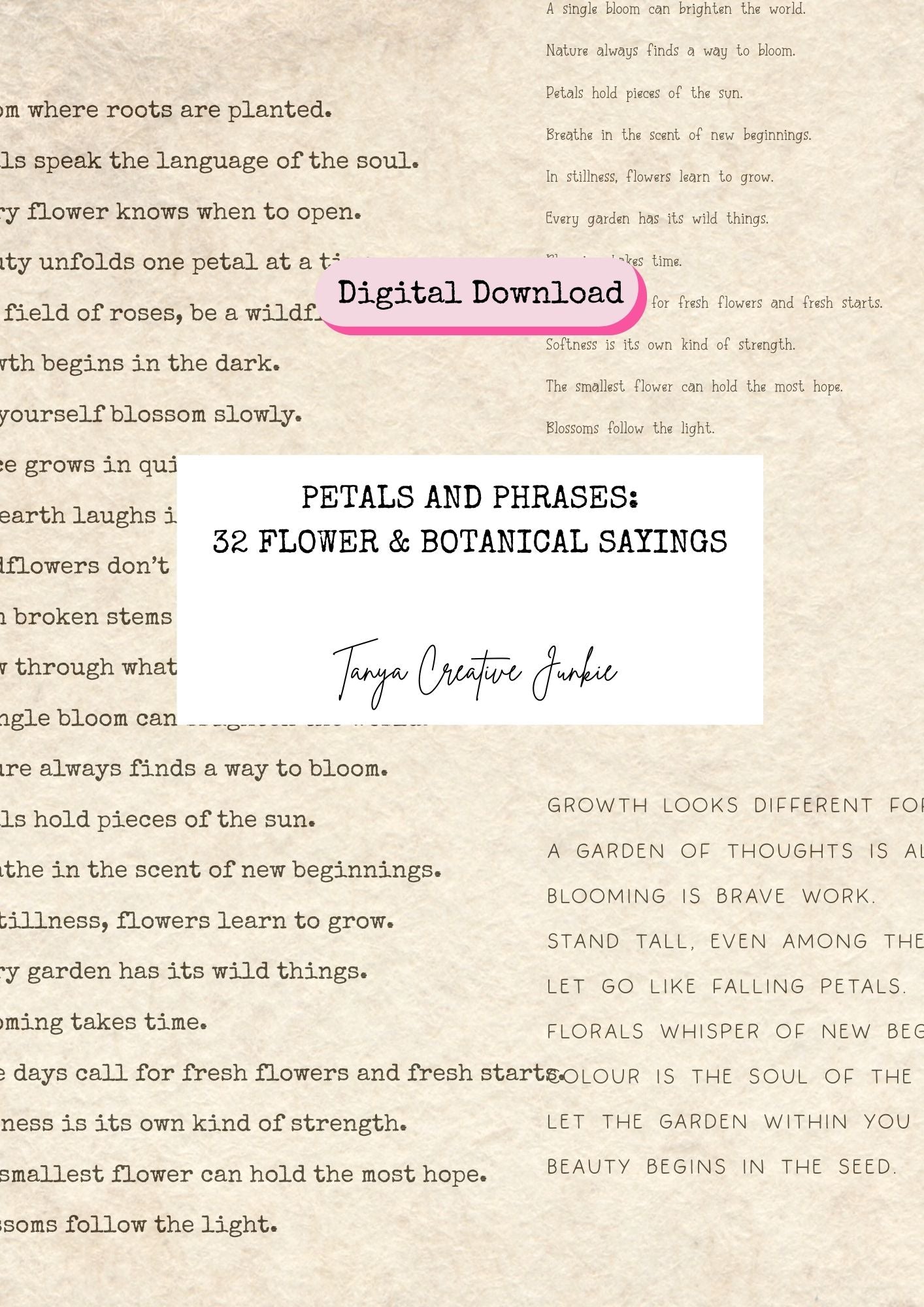 Digital download product with text and floral design on a textured background