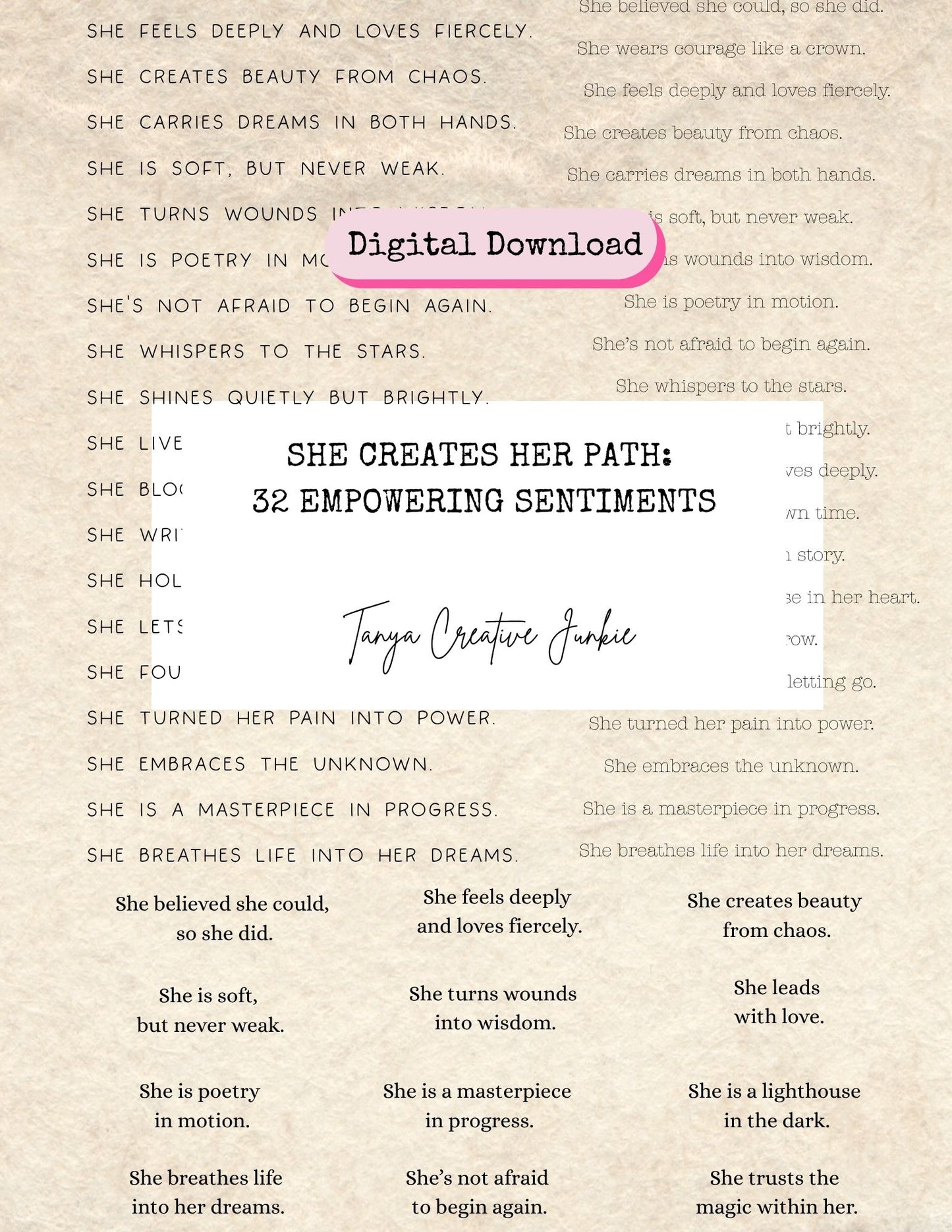 Printable sentiments to use in your art journal or other paper crafting projects. 32 unique phrases in different sizes and fonts.