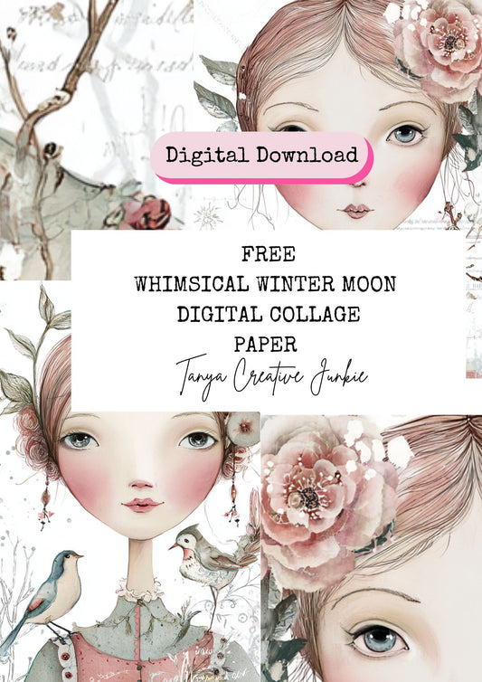 Step into a magical winter wonderland with this beautifully illustrated Whimsical Winter Moon Collage — a delicate blend of vintage charm and fairytale whimsy.