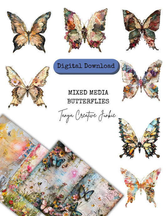 butterfly mixed media printables, printable junk journal pages, digital collage sheets, butterfly scrapbook kit, art journal pages, butterfly digital paper, mixed media eBook, printable ephemera, junk journaling supplies, digital craft kit, vintage butterflies, printable craft paper, butterfly journaling pages, collage elements, butterfly art pages